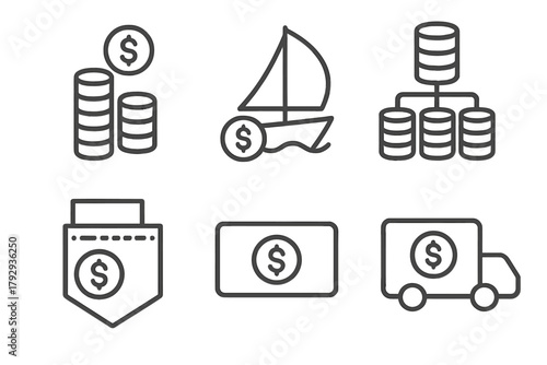 Hedge Fund Icon Set. Line style icons of hedge funds: fund tiers icon, flagship fund, feeder fund, master fund structure, side