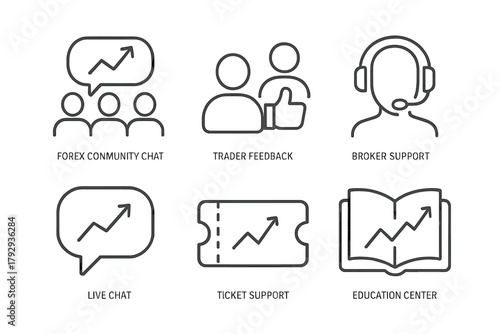 Forex Trading Icons. Line style icons of forex trading: forex community chat, trader feedback icon, broker support headset, live