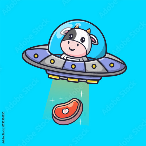 Cute Cow Astronaut Driving Ufo Catching Meat Steak Cartoon