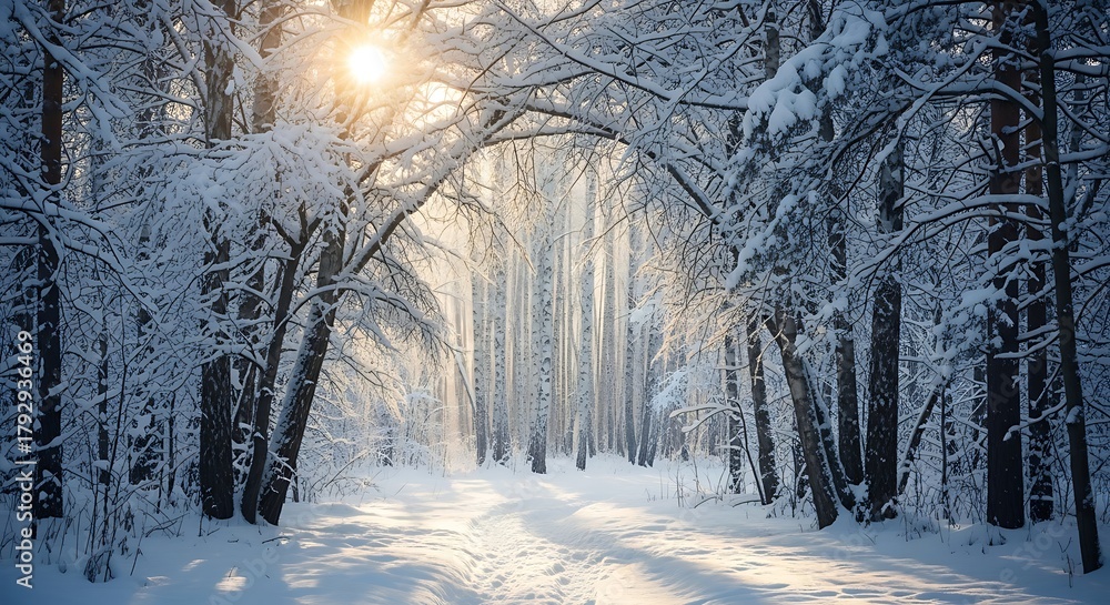 Fototapeta premium Sunlight filters through snow covered trees in forest