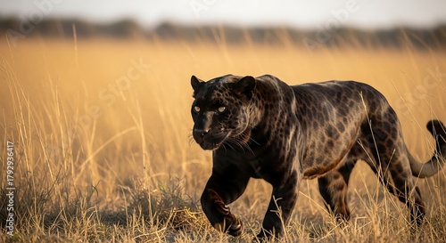 Majestic black panther walking through tall grass