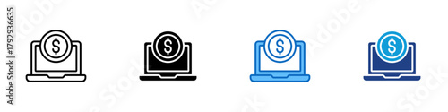 Online Payment Multiple Style Icon Design Vector - laptop with a dollar symbol representing digital transactions, online payments, and e-commerce activities