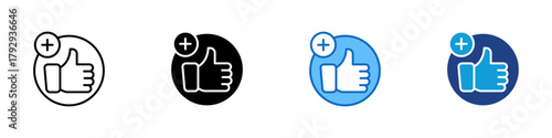 Positive Feedback Multiple Style Icon Design Vector - thumbs up symbol with a plus sign representing approval, satisfaction, and positive response