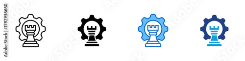 Strategy Planning Multiple Style Icon Design Vector - chess rook inside a gear symbolizing strategic thinking and tactical business planning