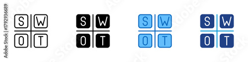 SWOT Analysis Multiple Style Icon Design Vector - Four square SWOT layout showing strengths, weaknesses, opportunities, and threats for strategic evaluation