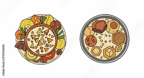 Food platters with various dishes and toppings