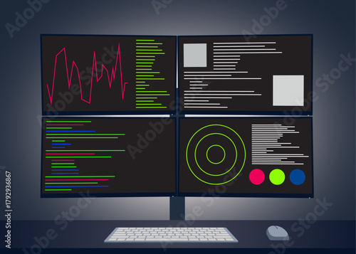 Vector illustration of a multimonitor workstation showing code, charts, system data and interface elements on four screens. Dark workspace setup with keyboard and mouse