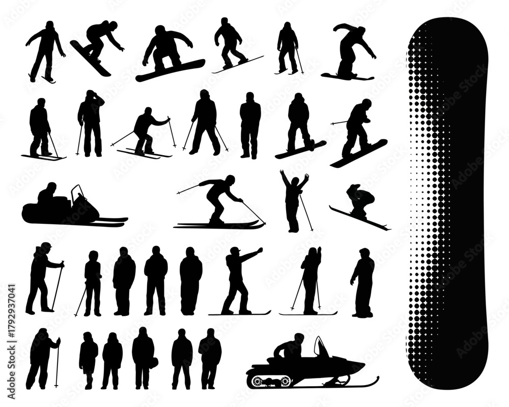 Fototapeta premium “Extreme sport silhouette illustrations in vector format, capturing motion and energy of athletes in skateboarding, BMX, snowboarding, and surfing, suitable for posters, apparel, and graphic projects.
