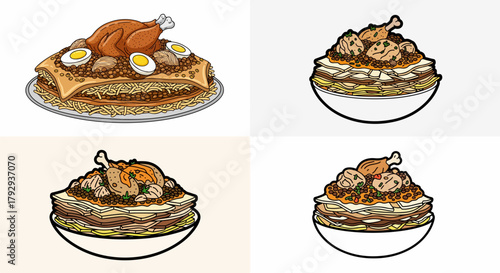 Layered noodle dish with chicken and eggs