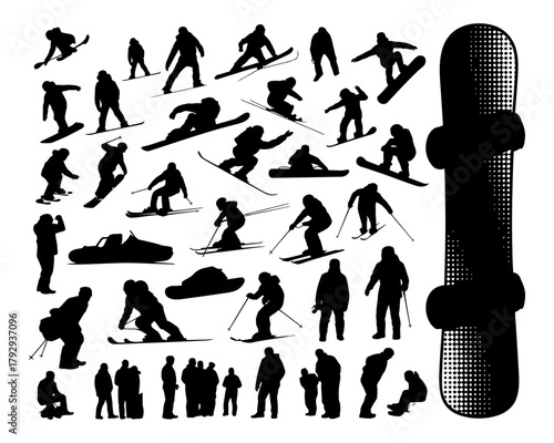 “Extreme sport silhouette illustrations in vector format, capturing motion and energy of athletes in skateboarding, BMX, snowboarding, and surfing, suitable for posters, apparel, and graphic projects.