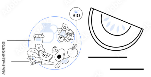 Fresh fruits, vegetables, leafy greens, jar of preserves, wheat, bio label, and abstract watermelon slice. Ideal for eco-living, sustainability organic farming healthy eating natural products