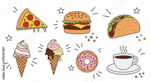 Food doodles collection with pizza, burger, and coffee