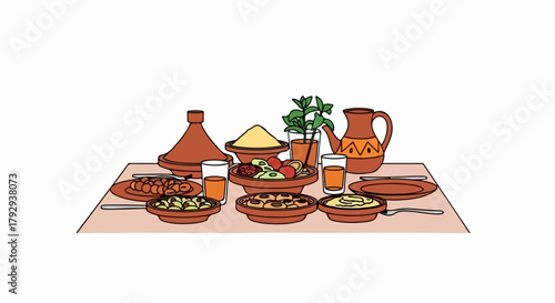 Moroccan feast on table with traditional pottery