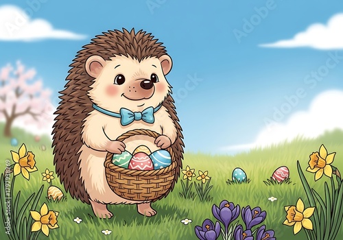 Adorable Hedgehogs Easter Egg Hunt in a Spring Meadow.