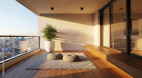 Fototapeta Naklejka Na Ścianę i Meble -  Modern apartment balcony with city view at sunset