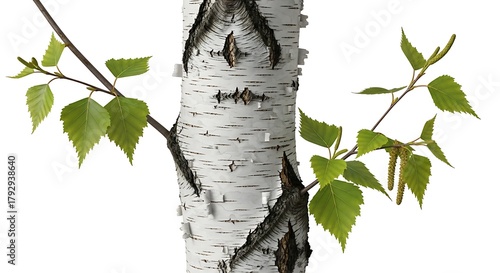 Close up of a white birch tree trunk with green leaves