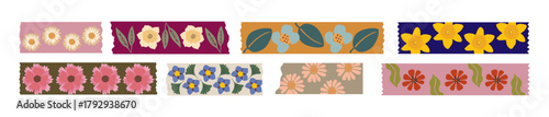 Washi tapes Abstract Flowers collection. Colorful scrapbook stripes, sticky label tags, decorative scotch strip with floral abstract elements. Border elements, digital stickers vector illustration.