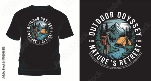 Outdoor odyssey nature's retreat vector design for t shirt print with hiker tent mountain river in vintage style camping adventure exploration and landscape