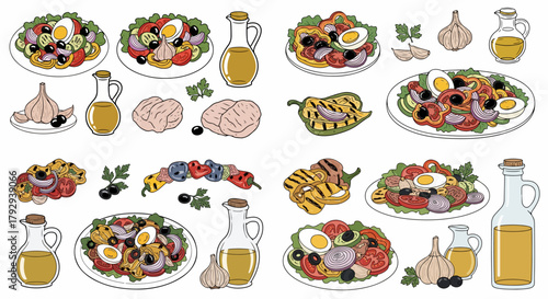 Mediterranean salad ingredients and dishes arrangement