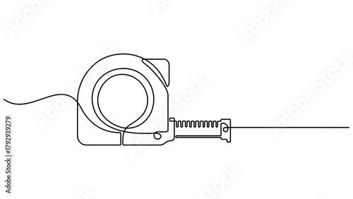 Measuring tape in one continuous line drawing. Tape Measure Continuous Line Art Illustration, Symbolizing industrial tools and craftsmanship, Tape measure in line art drawing style. Flexible ruler