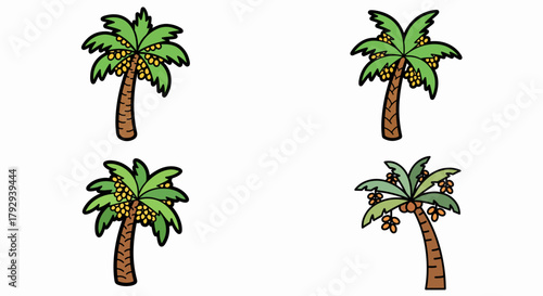 Palm trees with coconuts, four different styles