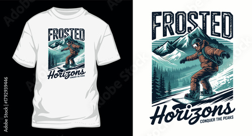 Snowboarder in Action T Shirt Design with Frosted Horizons and Mountain Landscape Vector Illustration Isolated on White Background Adventure and Conquer the Peaks