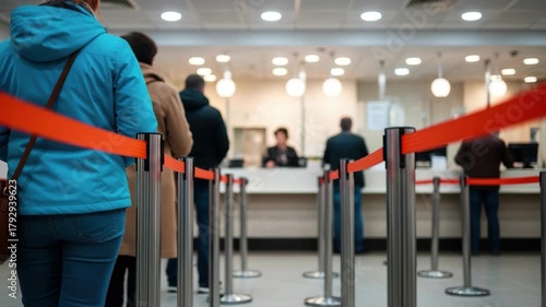 People patiently waiting in line at a busy financial institution for service 4k high quality footage