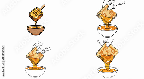 Honey pouring into bowl with dipper and hands