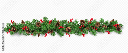 Vector realistic pine tree branches, cones and red berries isolated on a transparent background. Holiday Christmas tree garland for winter decoration banner, poster, greeting card.