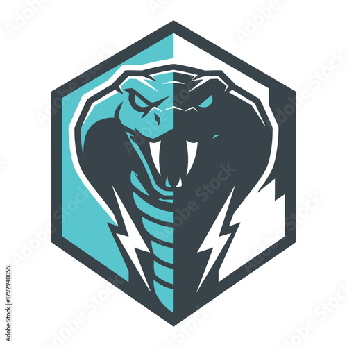 Hexagonal shield with aggressive cobra head and lightning bolt accents snake