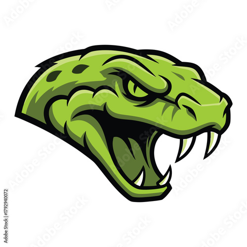 Green viper snake head with fangs bared and open mouth serpent reptile