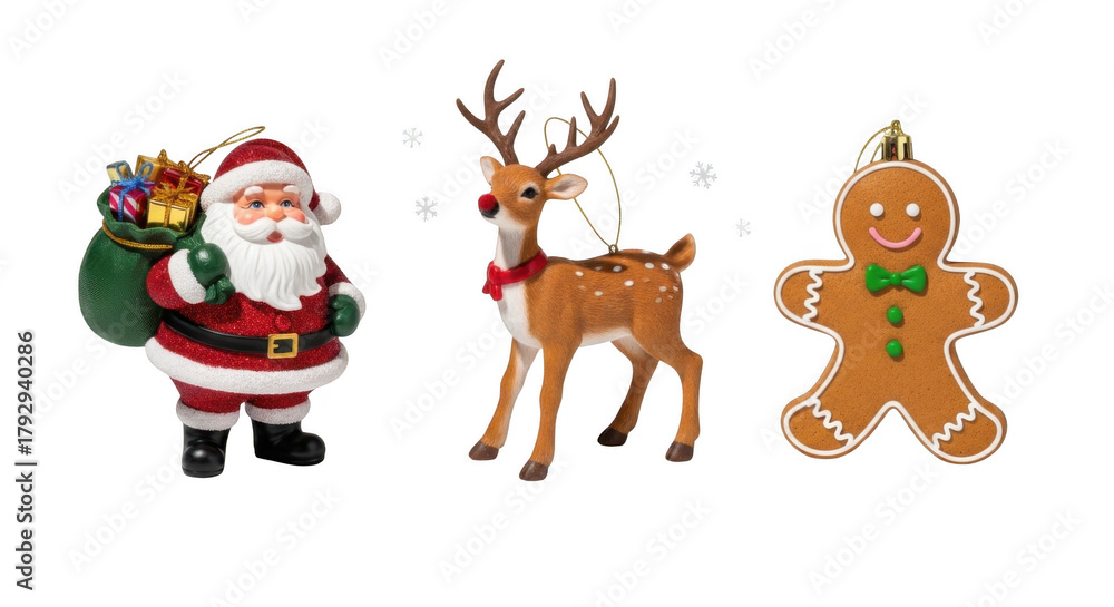 Fototapeta premium Christmas ornaments featuring santa claus reindeer and gingerbread man isolated on transparent background