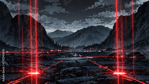 A dark mountain scene at night with glowing red laser lines crossing the land and sky
