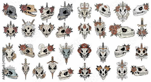 Skull collection with roses and daggers