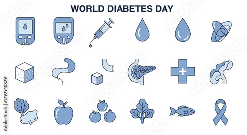 World Diabetes Day icons in blue. The set includes a blood glucose meter, needle, insulin drop, sugar cube, pancreas, first aid cross, healthy food and a blue diabetes awareness ribbon. Text: "WORLD D