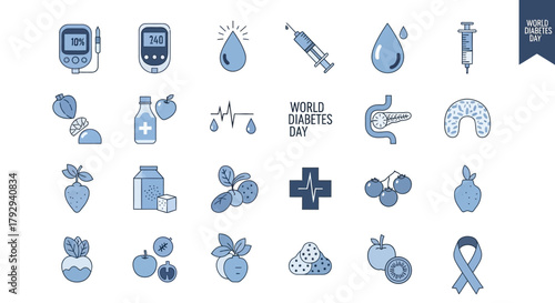 A grid of blue icons themed for World Diabetes Day. The icons include images of a blood glucose meter, insulin syringe, pancreas, and healthy food. The text included says "World Diabetes Day