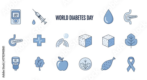 World Diabetes Day icons include a glucose meter, syringe, sugar cubes, and more, rendered in a blue line art style. The image includes the text "WORLD DIABETES DAY
