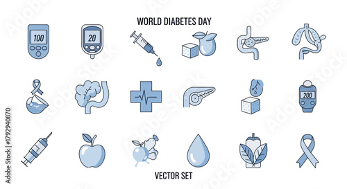 A light blue icon sheet against a white backdrop includes medical images related to "World Diabetes Day." Items featured are a glucose meter, needle, pancreas, and relevant food