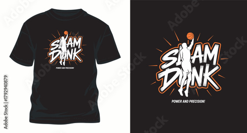 Slam dunk t shirt design featuring basketball player with explosive power and precision creative graphic for apparel vector template perfect for sports enthusiasts