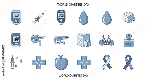 World Diabetes Day. Icons include glucose meter, syringe, blood drop, sugar cube, pancreas, bicycle, apple, medical cross, and awareness ribbon with title text