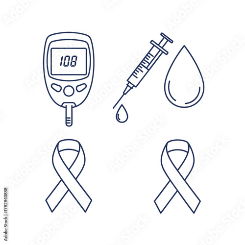 glucose meter displaying "108," an insulin syringe, a blood drop, and two blue ribbon symbols.