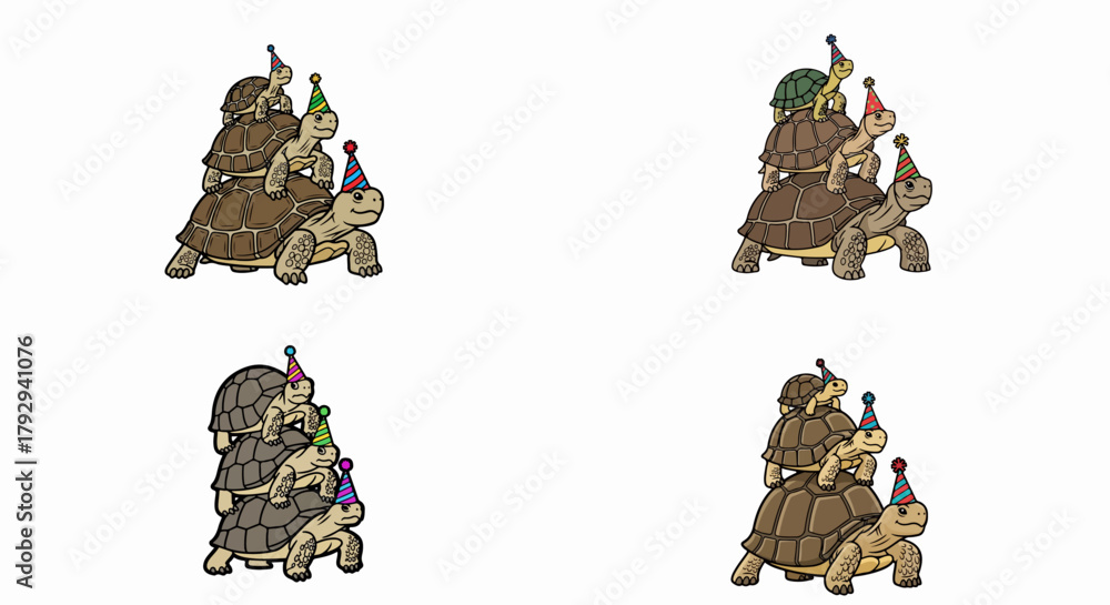 Obraz premium Stack of turtles wearing party hats