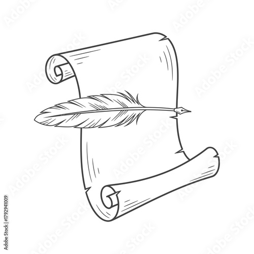 Feather Quill and Scroll Outline Vector Illustration