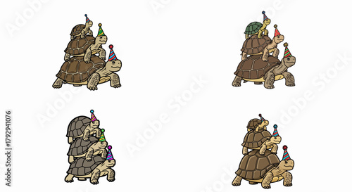Stack of turtles wearing party hats