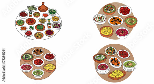 Middle Eastern food spread on round tables