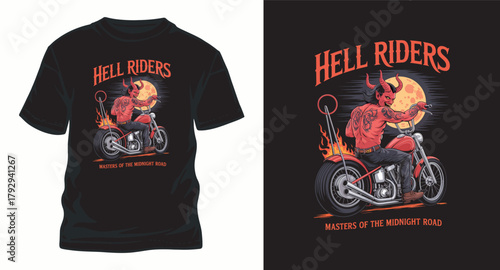 Hell riders t shirt design showcasing devil biker on motorcycle masters of midnight road themed apparel vector template for fans of motorcycle culture