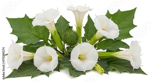 White datura flowers and green leaves isolated