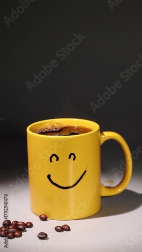 A cheerful yellow coffee mug with a happy face, filled with steaming coffee, brings a sense of joy and positivity. Coffee beans are placed nearby, enhancing the morning delight.