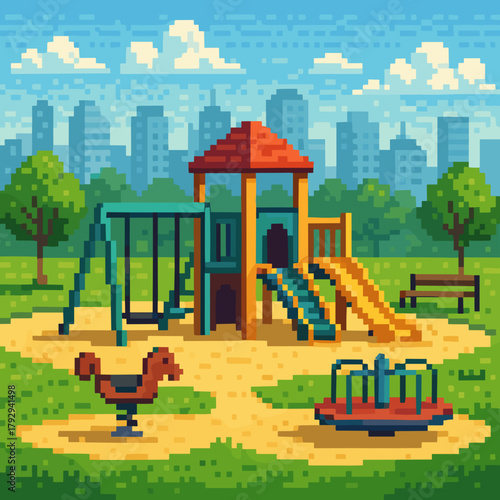 Colorful pixel art playground with swings and slides in a sunny park setting