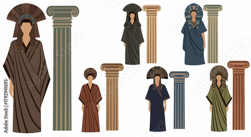 Ancient Greek figures with columns, flat style
